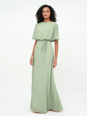 Chiffon Full Length Bridesmaid Dresses with Wrap Dusty Sage