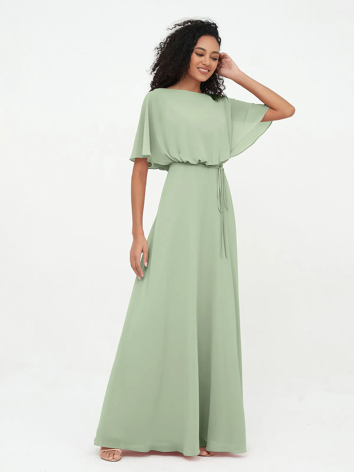 Chiffon Full Length Bridesmaid Dresses with Wrap Dusty Sage