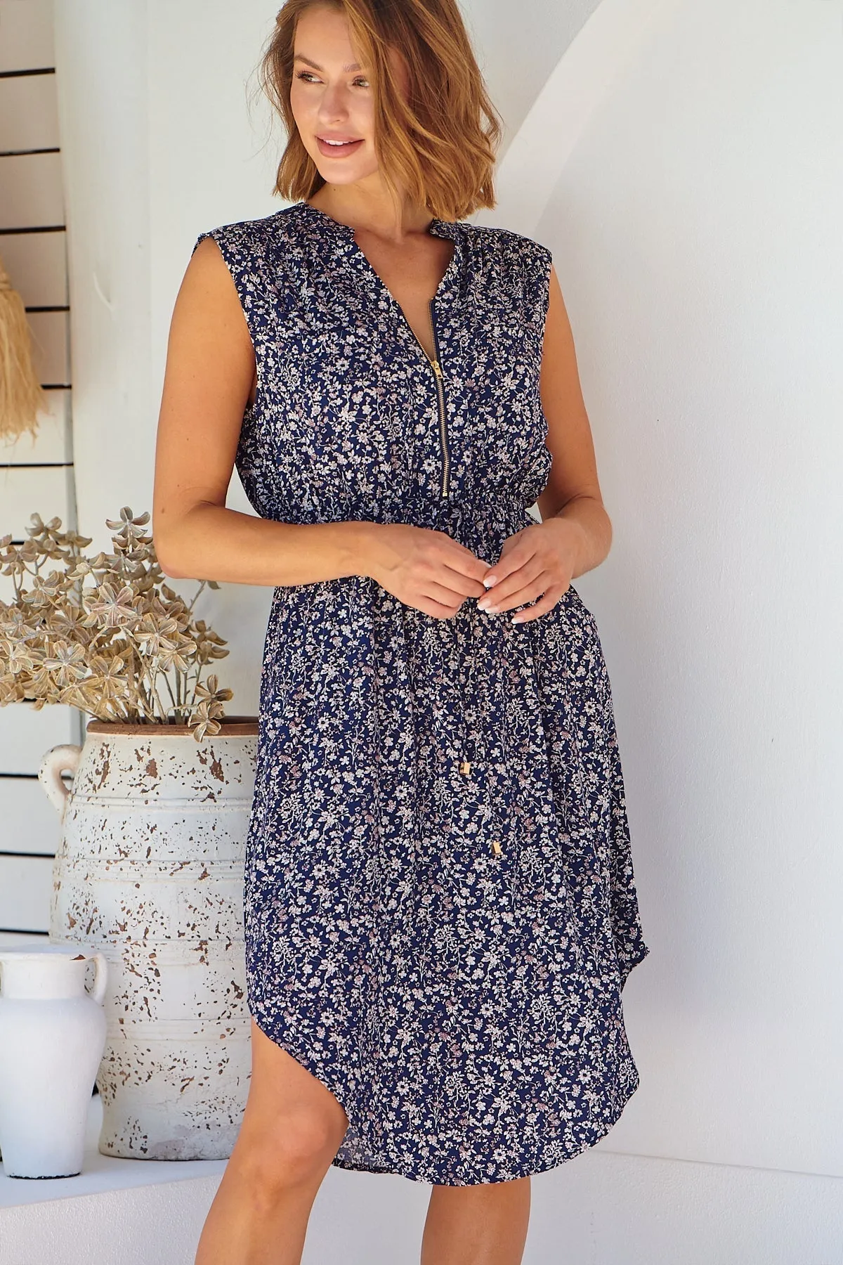 Cleo Midi Navy Floral Zip Front Dress