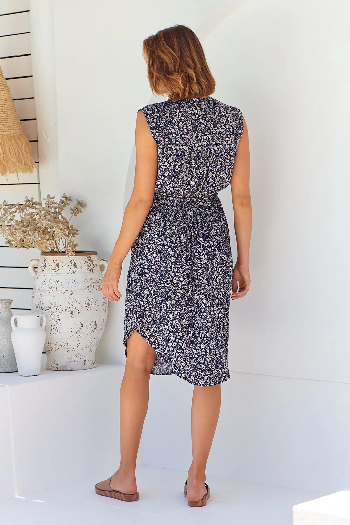 Cleo Midi Navy Floral Zip Front Dress