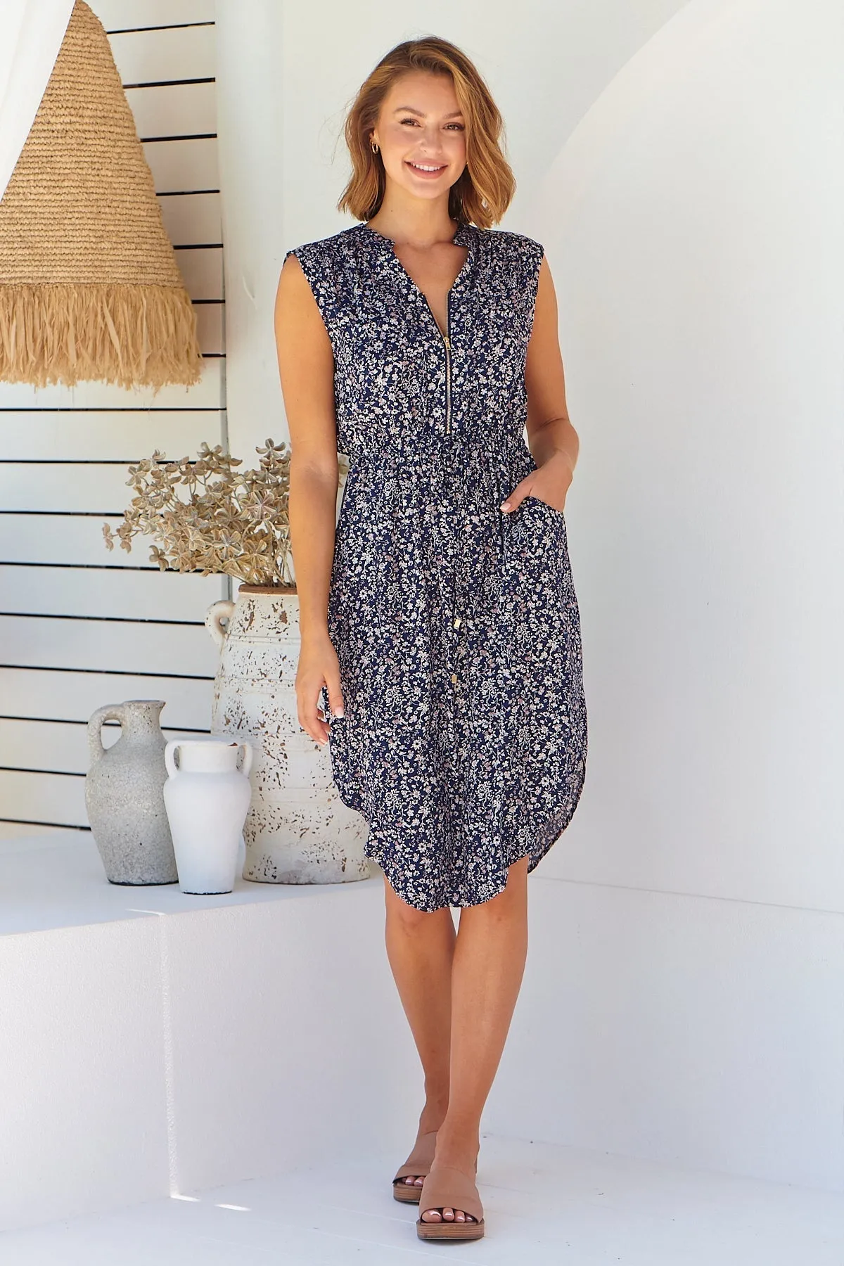 Cleo Midi Navy Floral Zip Front Dress