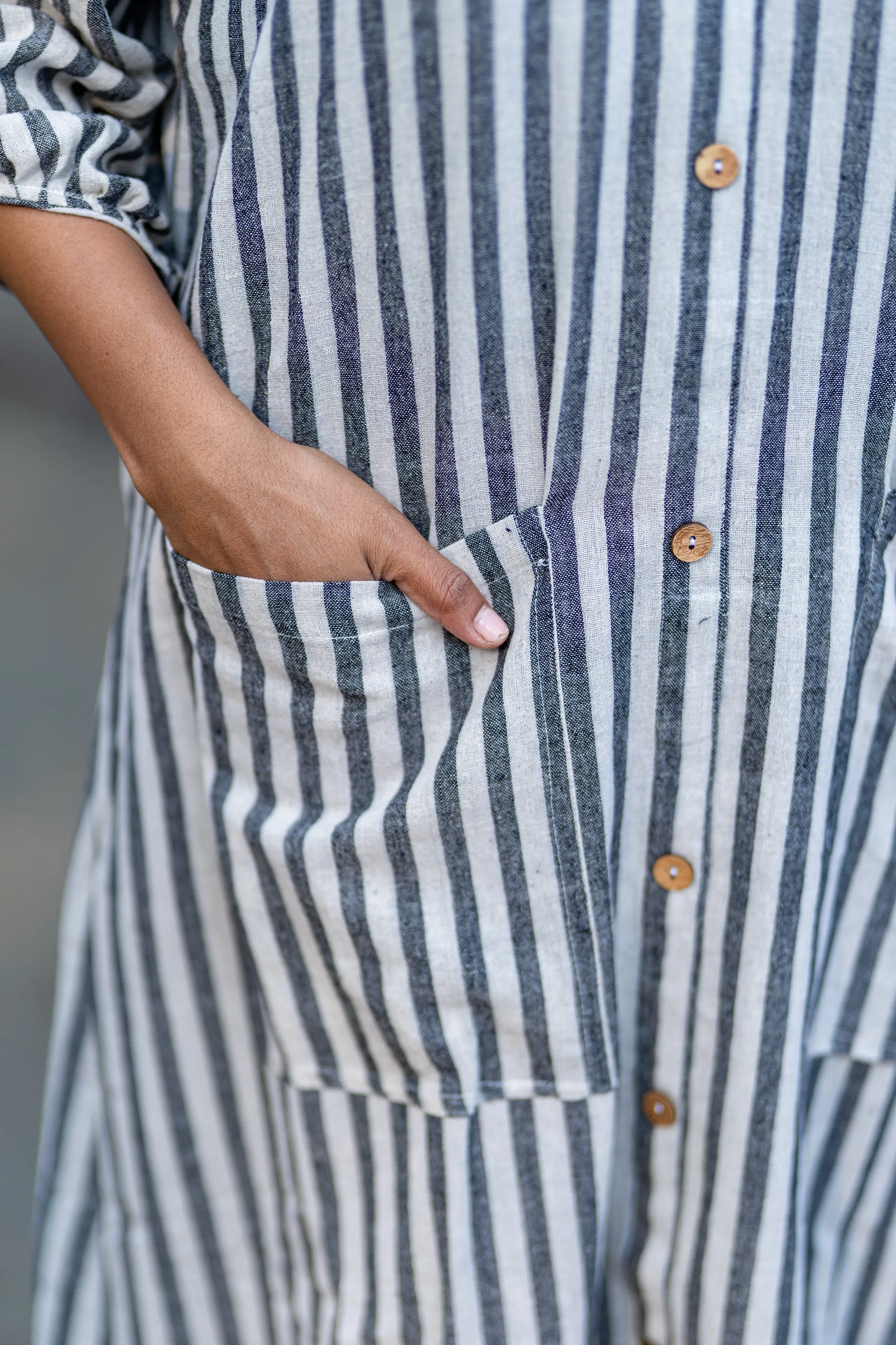 Cotton Striped Midi Dress with Patch Pockets