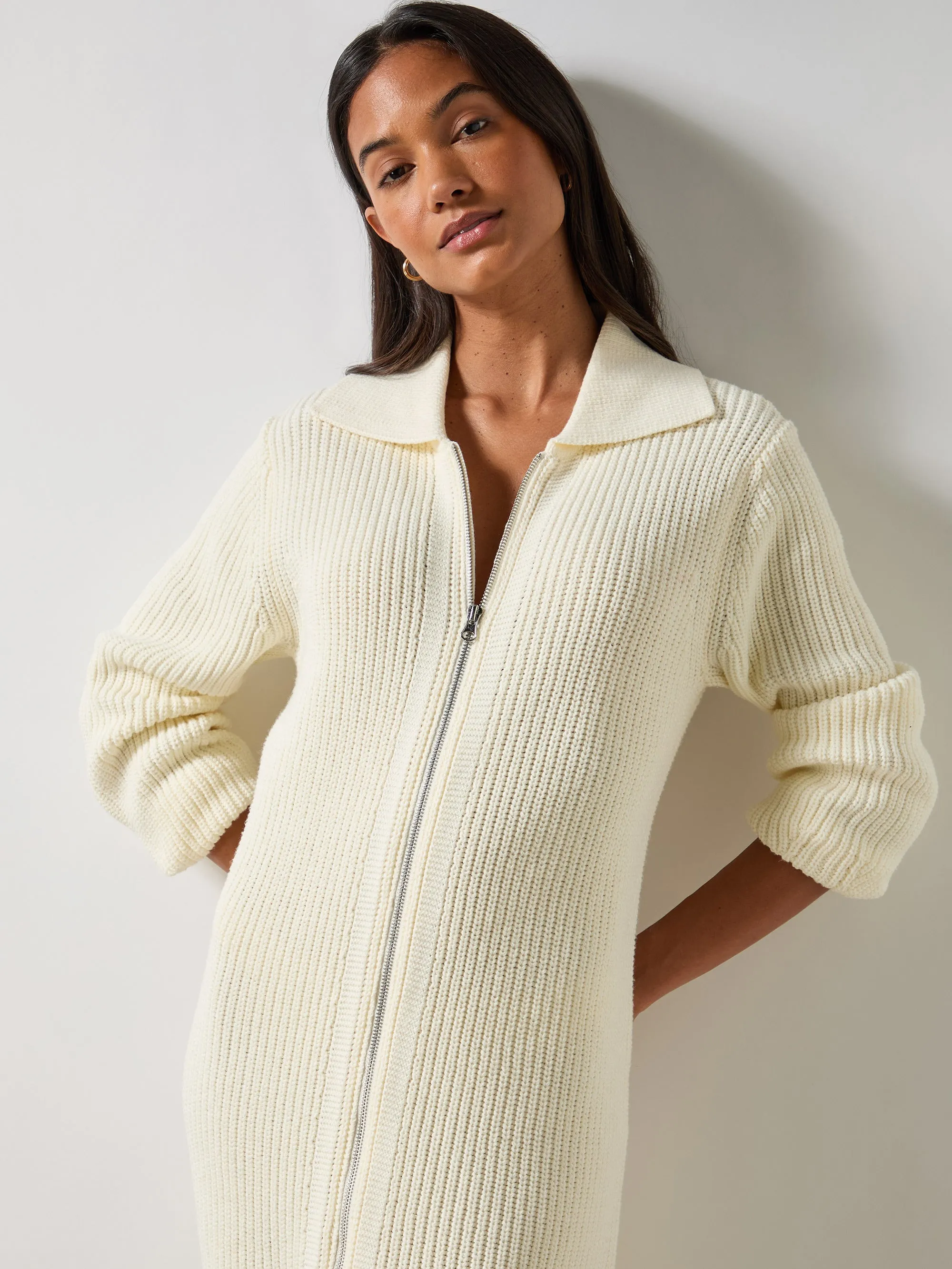 Cream Zip Through Knitted Dress