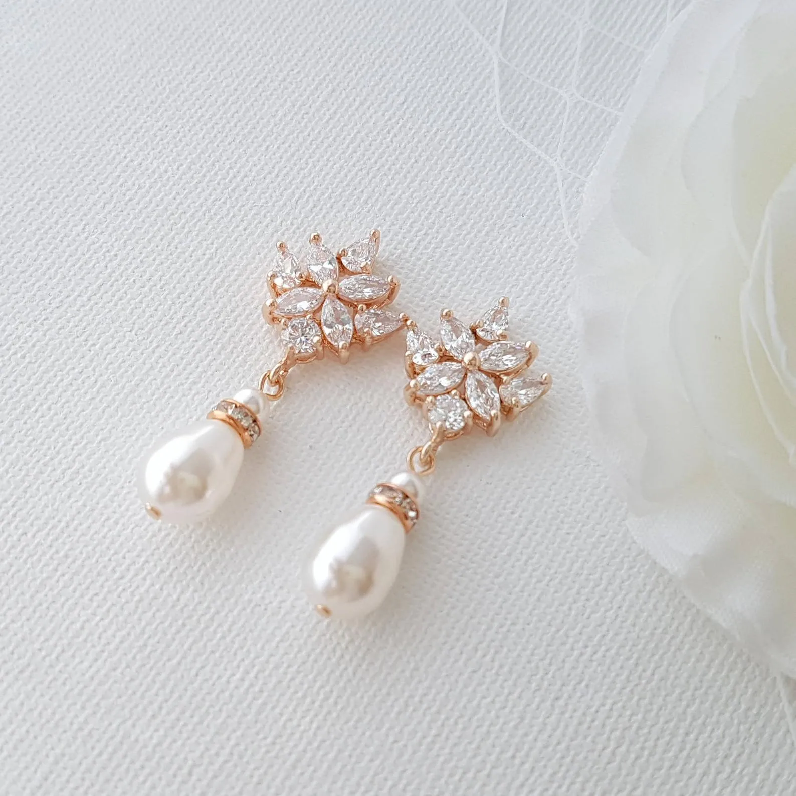 Crystal Bridal Earrings with Pearl Drops-Rosa