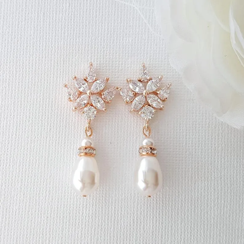 Crystal Bridal Earrings with Pearl Drops-Rosa