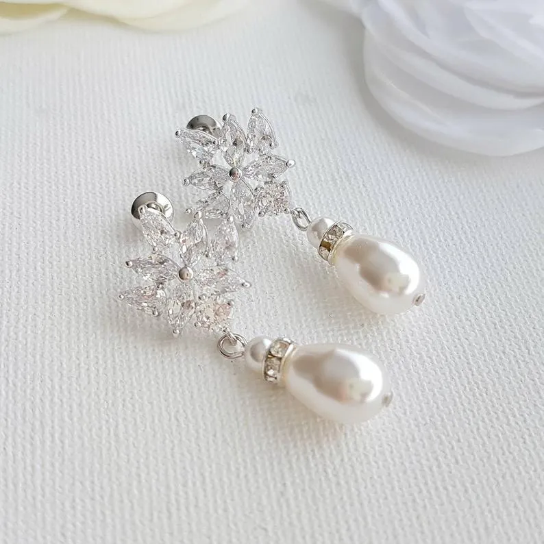 Crystal Bridal Earrings with Pearl Drops-Rosa