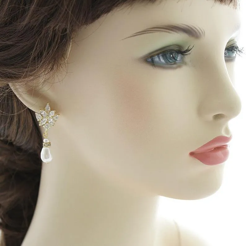 Crystal Bridal Earrings with Pearl Drops-Rosa