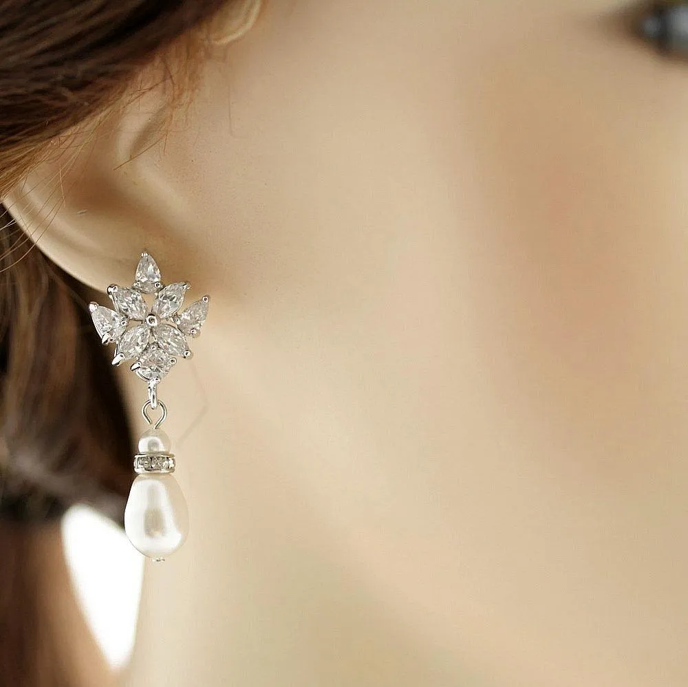 Crystal Bridal Earrings with Pearl Drops-Rosa