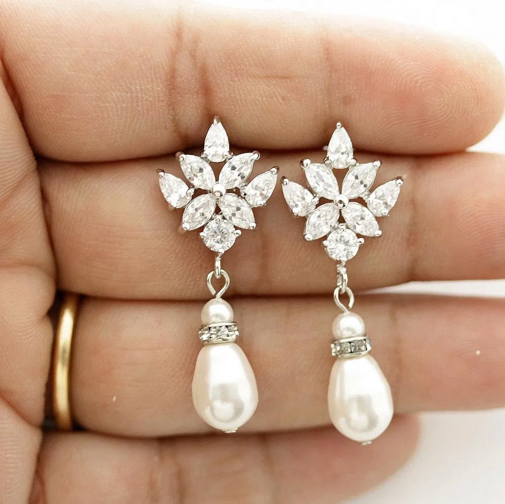 Crystal Bridal Earrings with Pearl Drops-Rosa