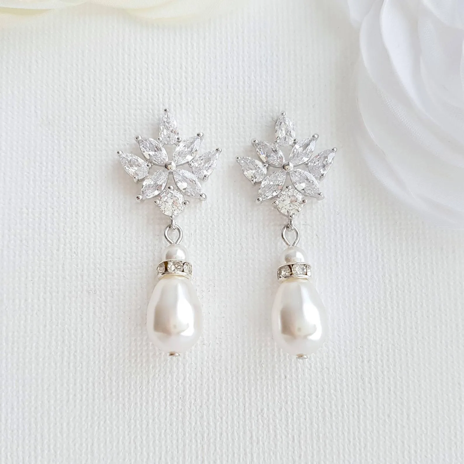 Crystal Bridal Earrings with Pearl Drops-Rosa