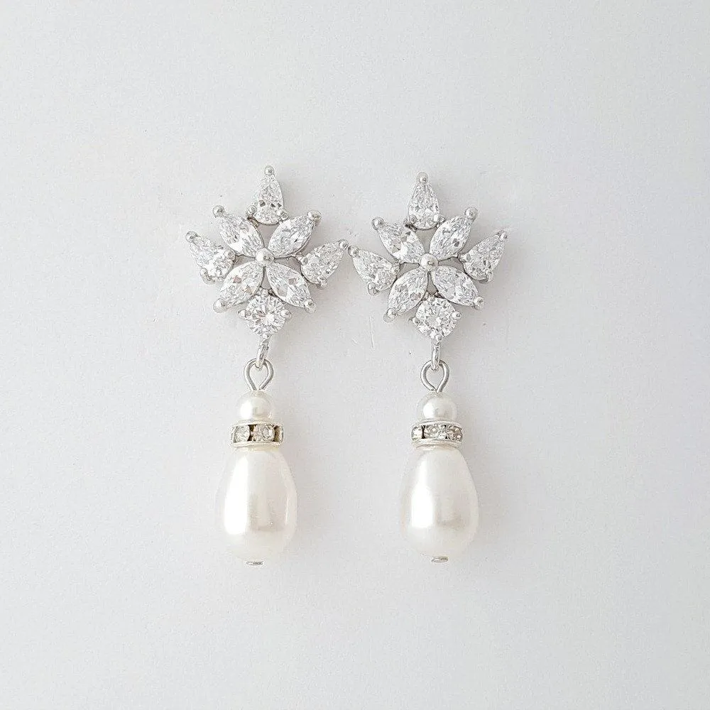 Crystal Bridal Earrings with Pearl Drops-Rosa