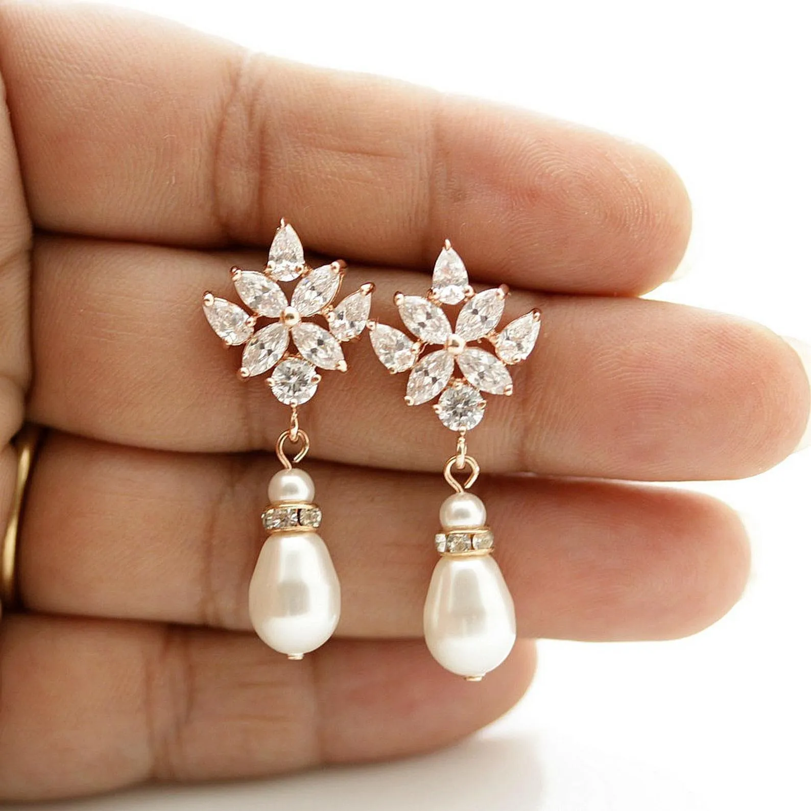 Crystal Bridal Earrings with Pearl Drops-Rosa