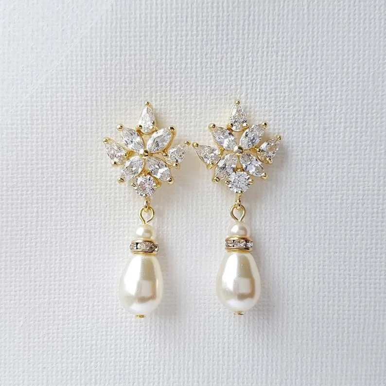 Crystal Bridal Earrings with Pearl Drops-Rosa