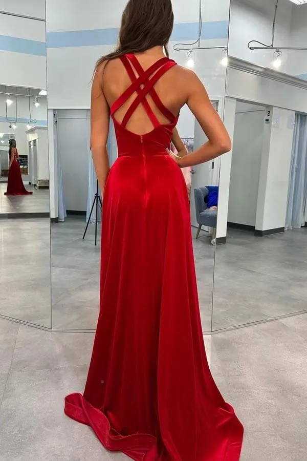 Dark Red Velvet V Neck Straps Prom Gown,long Prom Dresses