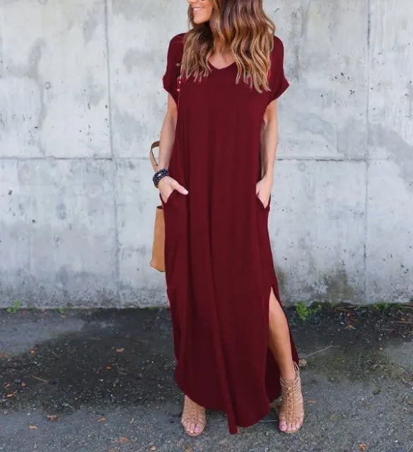 DEENOR Dynamic Side Slit V-Neck Short Sleeve Befree Maxi Dress