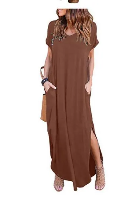 DEENOR Dynamic Side Slit V-Neck Short Sleeve Befree Maxi Dress