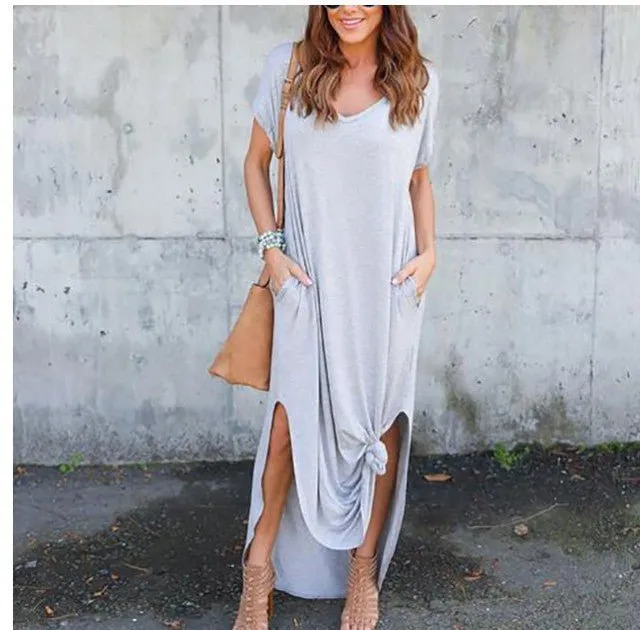 DEENOR Dynamic Side Slit V-Neck Short Sleeve Befree Maxi Dress