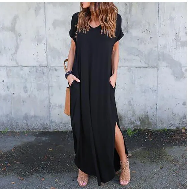 DEENOR Dynamic Side Slit V-Neck Short Sleeve Befree Maxi Dress