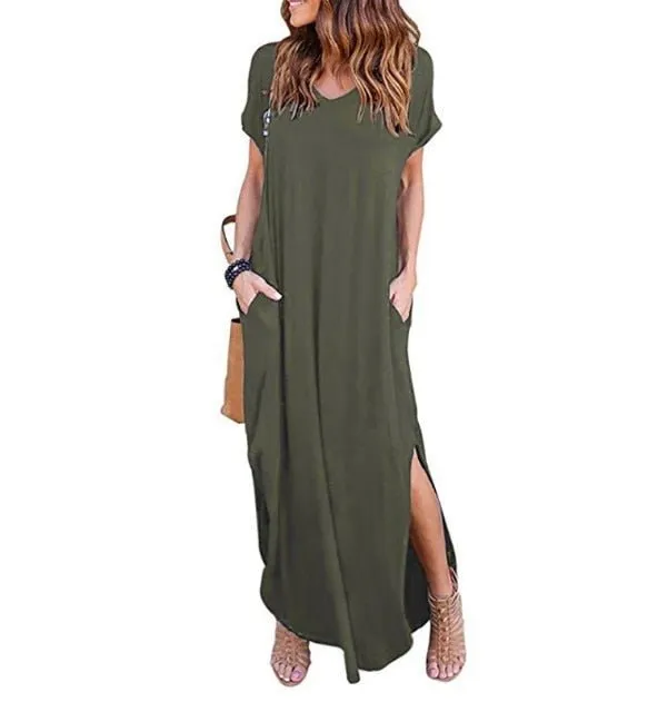 DEENOR Dynamic Side Slit V-Neck Short Sleeve Befree Maxi Dress