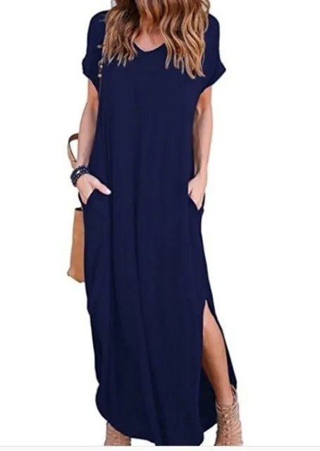 DEENOR Dynamic Side Slit V-Neck Short Sleeve Befree Maxi Dress