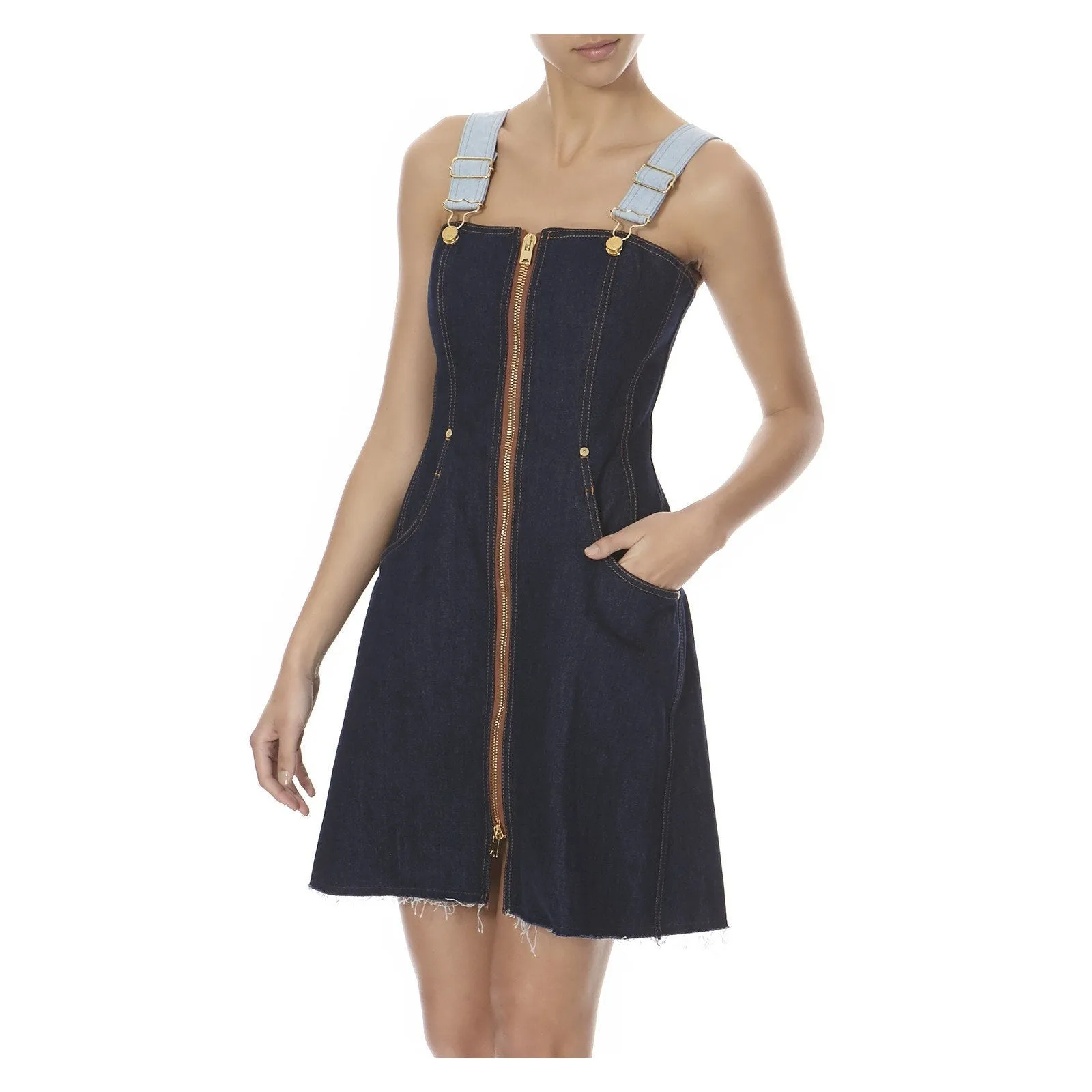 DENIM MINI STRUCTURED OVERALL DRESS