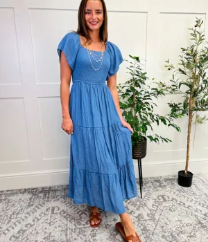 Denim Shirred Bodice Tiered Dress