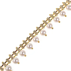 Dual Row Rhinestone with Hanging Pearl Trim, Gold, 3/4-Inch, 1-Yard