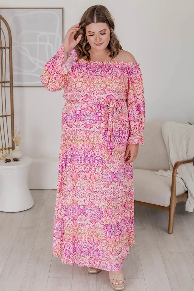 Dynamic Love Pink Printed Off The Shoulder Maxi Dress FINAL SALE