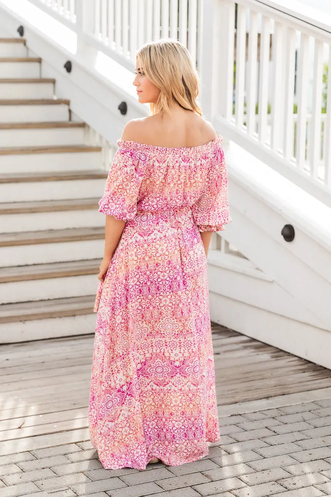 Dynamic Love Pink Printed Off The Shoulder Maxi Dress FINAL SALE