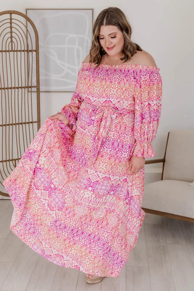 Dynamic Love Pink Printed Off The Shoulder Maxi Dress FINAL SALE