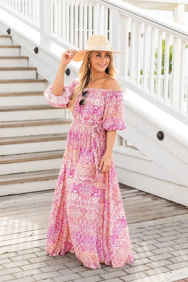 Dynamic Love Pink Printed Off The Shoulder Maxi Dress FINAL SALE