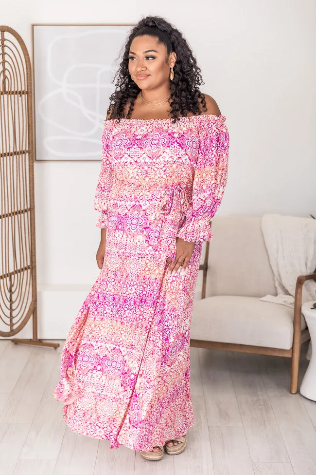 Dynamic Love Pink Printed Off The Shoulder Maxi Dress FINAL SALE