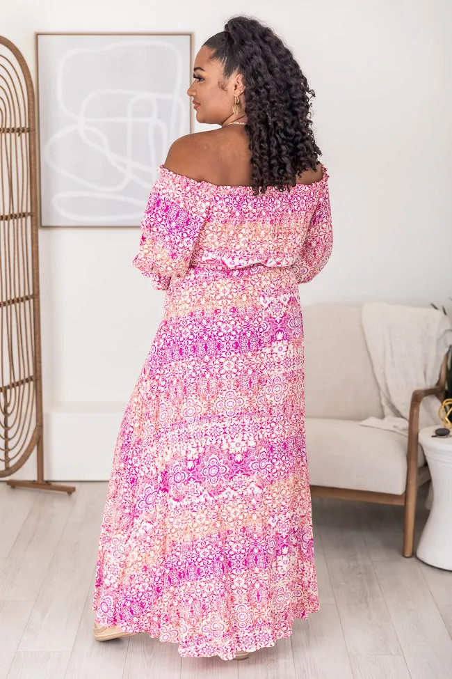 Dynamic Love Pink Printed Off The Shoulder Maxi Dress FINAL SALE