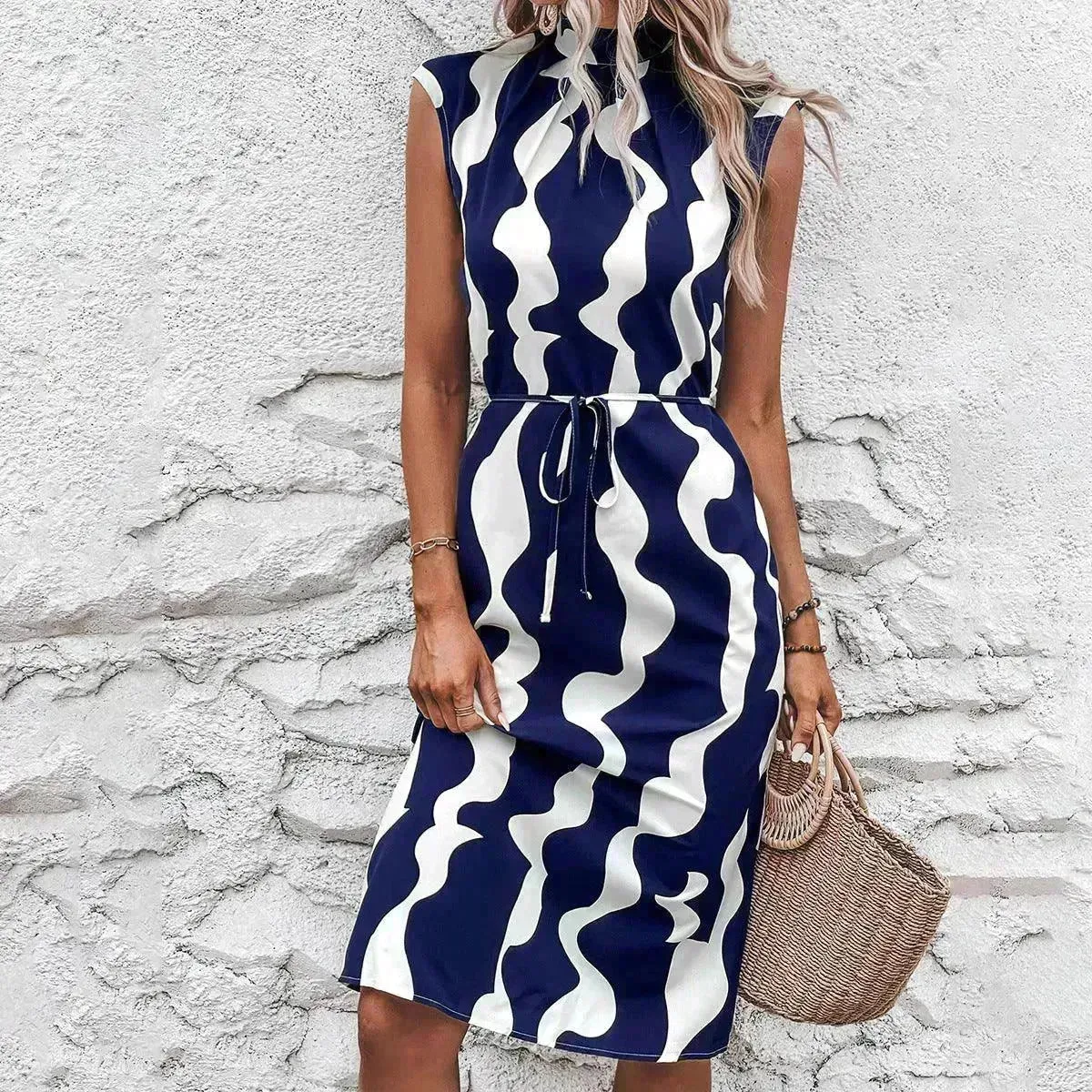 Elegant Summer Sleeveless Irregular Pattern Print Vest Women's Midi Dress