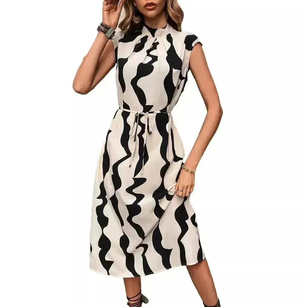 Elegant Summer Sleeveless Irregular Pattern Print Vest Women's Midi Dress