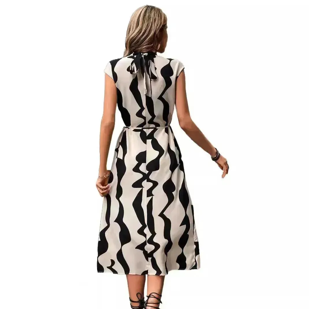 Elegant Summer Sleeveless Irregular Pattern Print Vest Women's Midi Dress