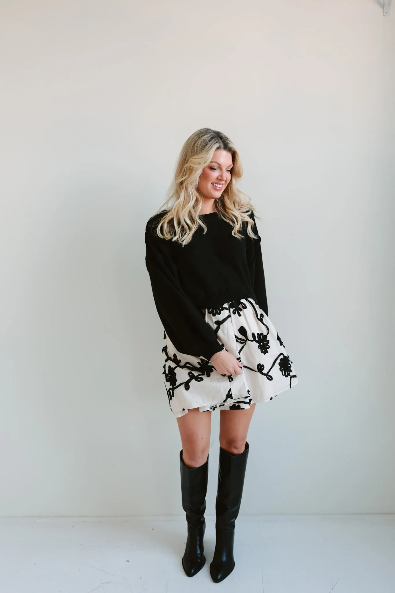 Floral Embroidered Mini Dress with Cropped Sweater Overlay