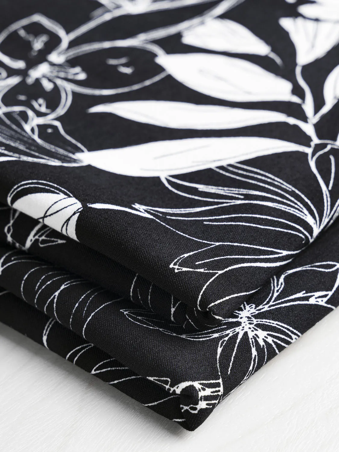 Floral Print Stretch Viscose Twill Deadstock - White   Black  - Swatch