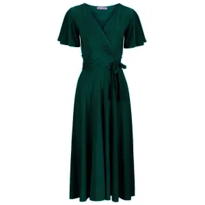 Forest Green Cap Sleeve Crossover V Neck Wrap Top Swing Dress