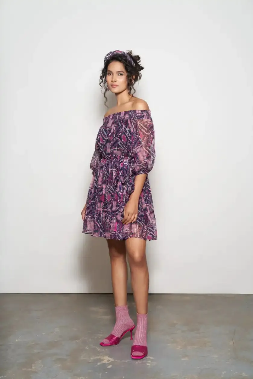 Fuchsia Abstract Printed Off-Shoulder Layered Dress