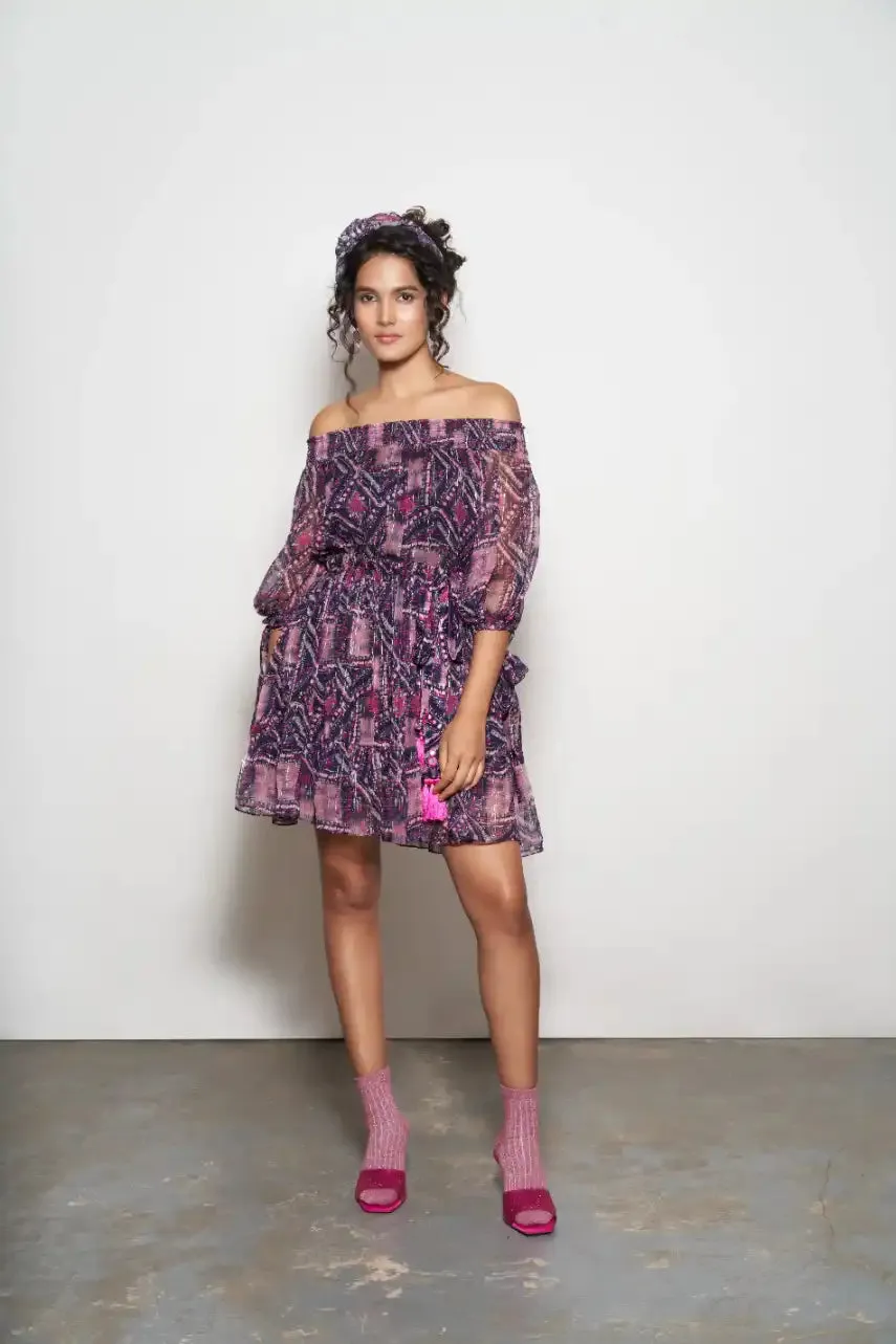 Fuchsia Abstract Printed Off-Shoulder Layered Dress