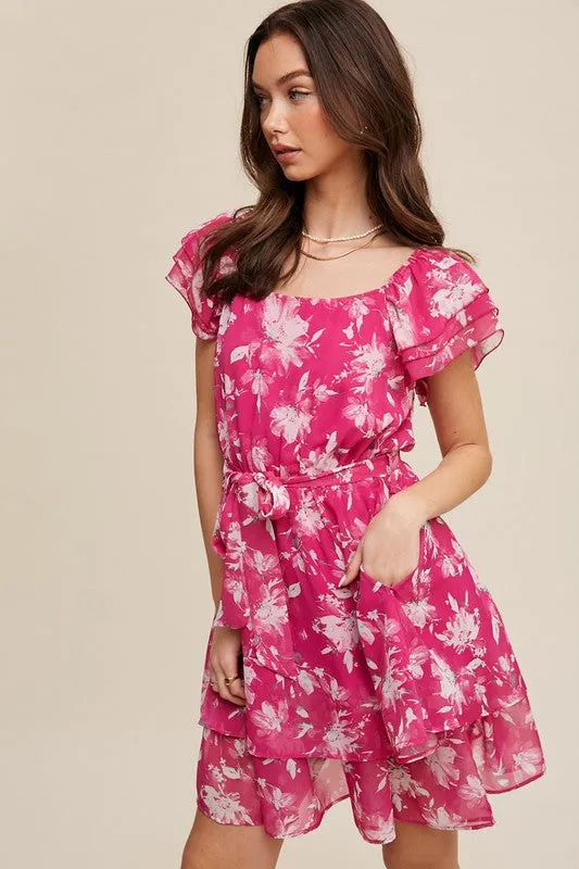 Fuchsia Flower Print Ruffle Sleeve Waist Tie Dress