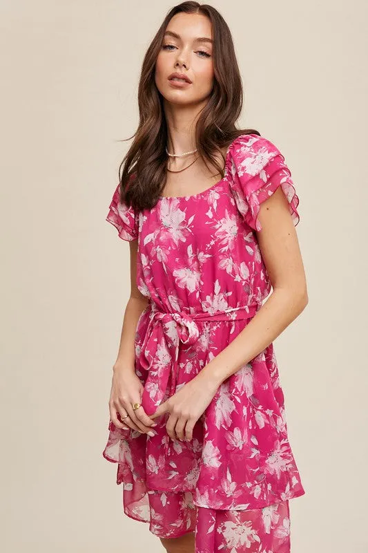 Fuchsia Flower Print Ruffle Sleeve Waist Tie Dress