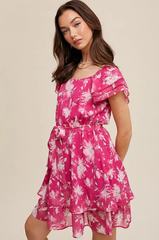 Fuchsia Flower Print Ruffle Sleeve Waist Tie Dress