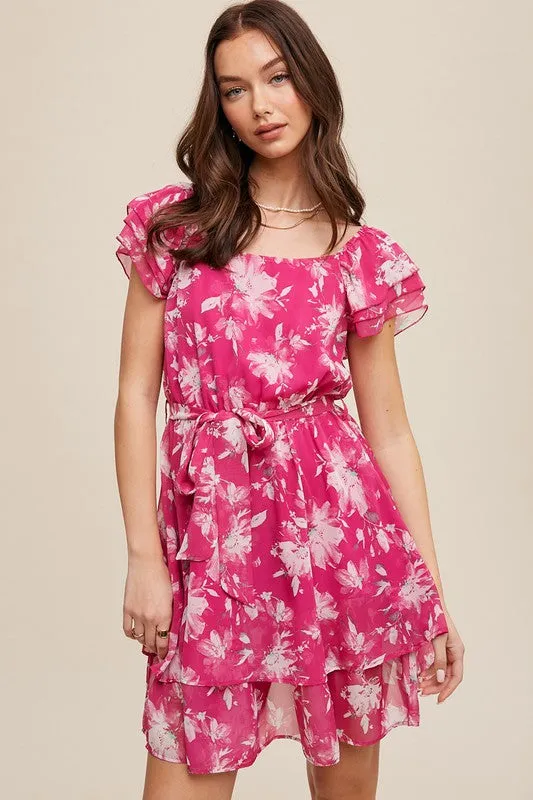 Fuchsia Flower Print Ruffle Sleeve Waist Tie Dress