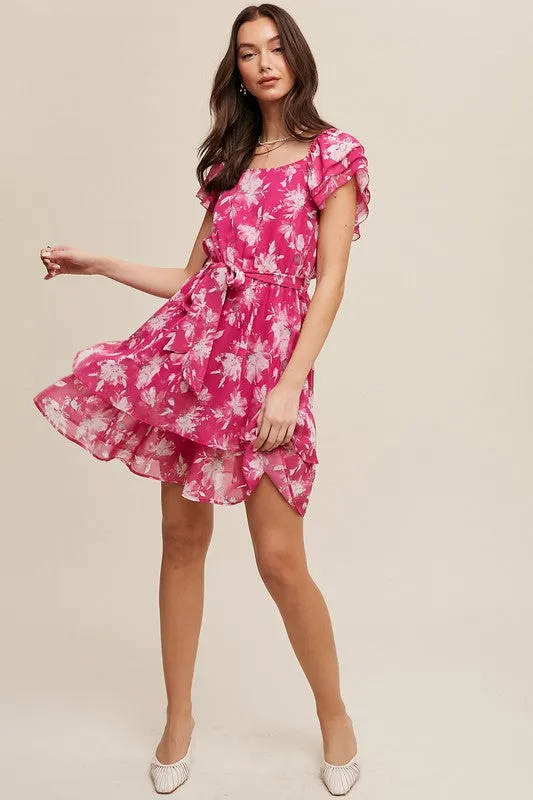 Fuchsia Flower Print Ruffle Sleeve Waist Tie Dress