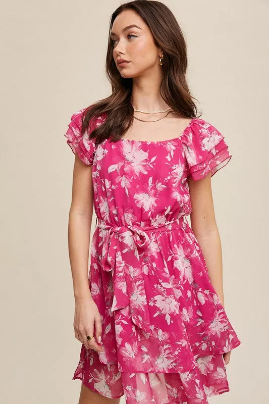 Fuchsia Flower Print Ruffle Sleeve Waist Tie Dress