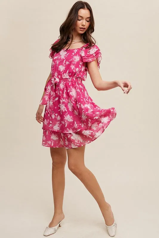 Fuchsia Flower Print Ruffle Sleeve Waist Tie Dress