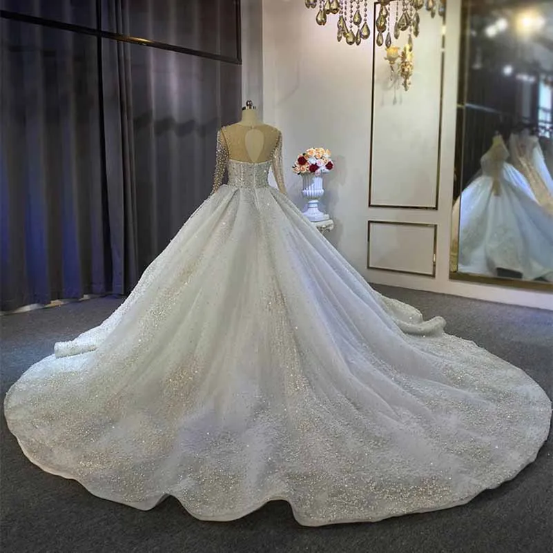 Full Pearls Wedding Dresses Train Long Sleeve Luxurious Bridal Dress