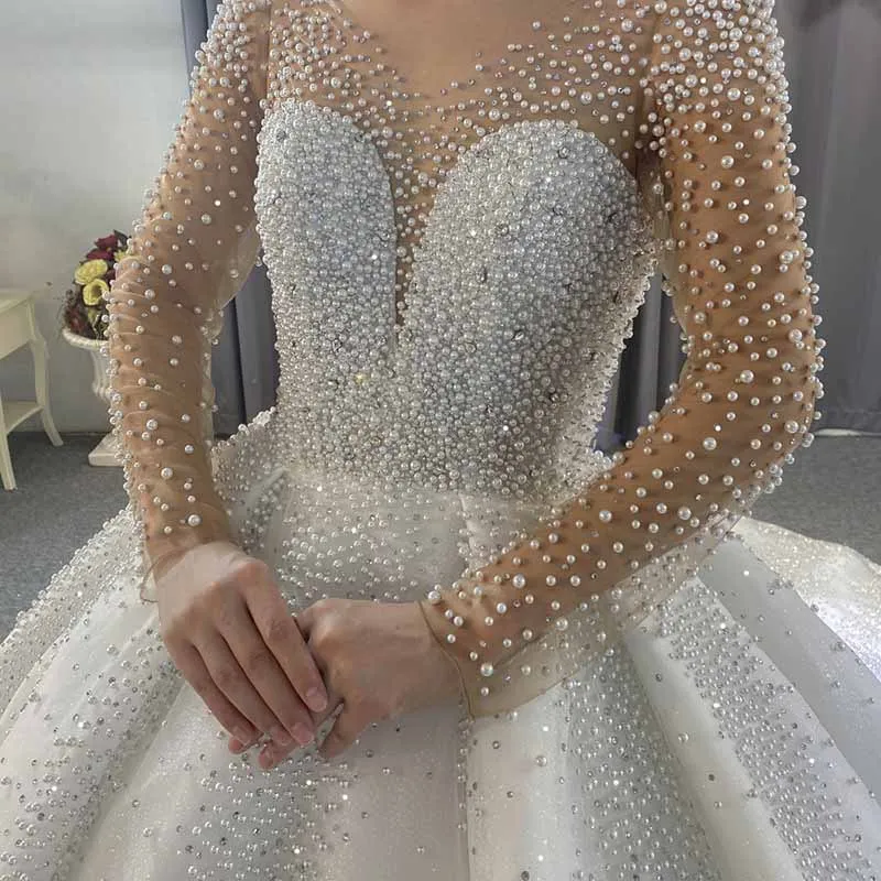 Full Pearls Wedding Dresses Train Long Sleeve Luxurious Bridal Dress